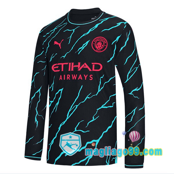 Magliago - Passione Maglie Thai Affidabili Basso Costo Online Shop | Maglia Manchester City Terza Maniche Lunghe Blu Nero 2023/2024