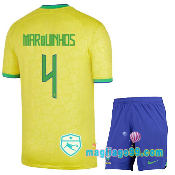 Magliago - Passione Maglie Thai Affidabili Basso Costo Online Shop | Nazionale Maglia Calcio Brasile (MARQUINHOS 4) Bambino Prima Giallo 2022/2023