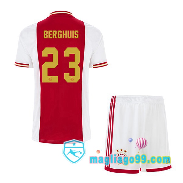 Magliago - Passione Maglie Thai Affidabili Basso Costo Online Shop | Maglia Calcio AFC Ajax (Berghuis 23) Bambino Prima Bianco Rosso 2022/2023