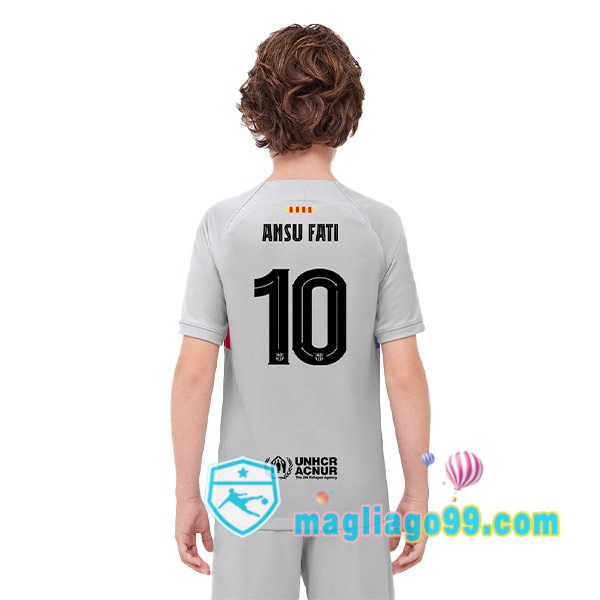 Magliago - Passione Maglie Thai Affidabili Basso Costo Online Shop | Maglia FC Barcellona (ANSU FATI 10) Bambino Terza Grigio 2022/2023