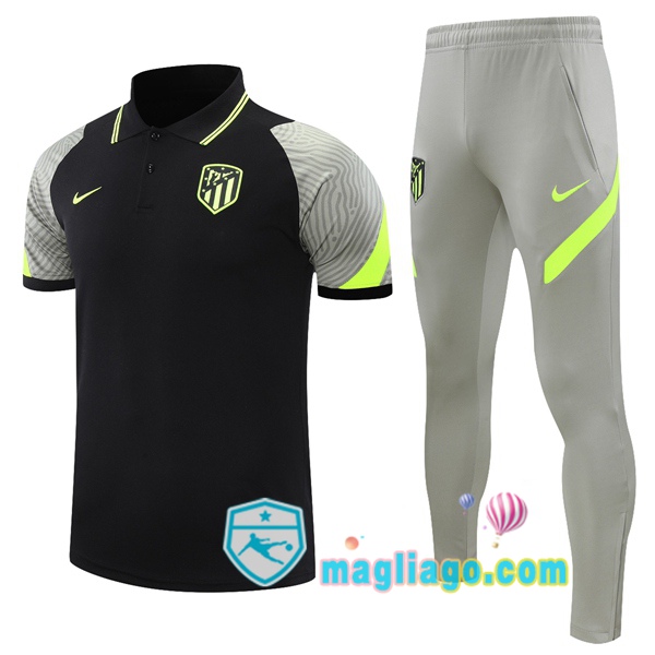 Magliago - Passione Maglie Thai Affidabili Basso Costo Online Shop | Atletico Madrid Polo Maglia Uomo + Pantaloni Nero Grigio 2021/2022